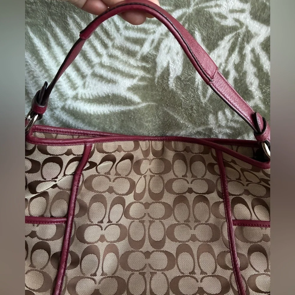 Coach Beige Signature Canvas Tote with Cherry Trim